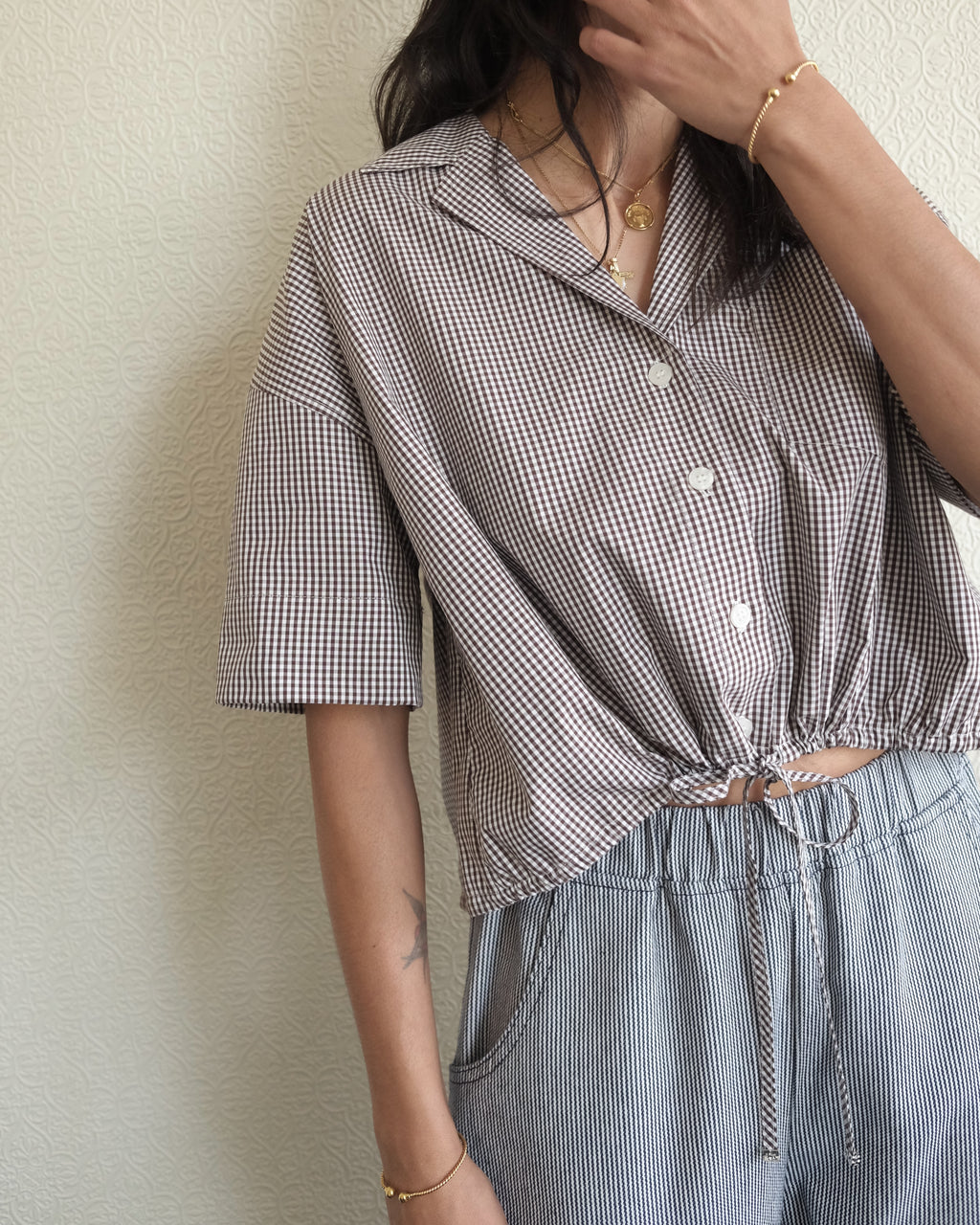 Cotton Crop Bowling Shirt, Brown Check