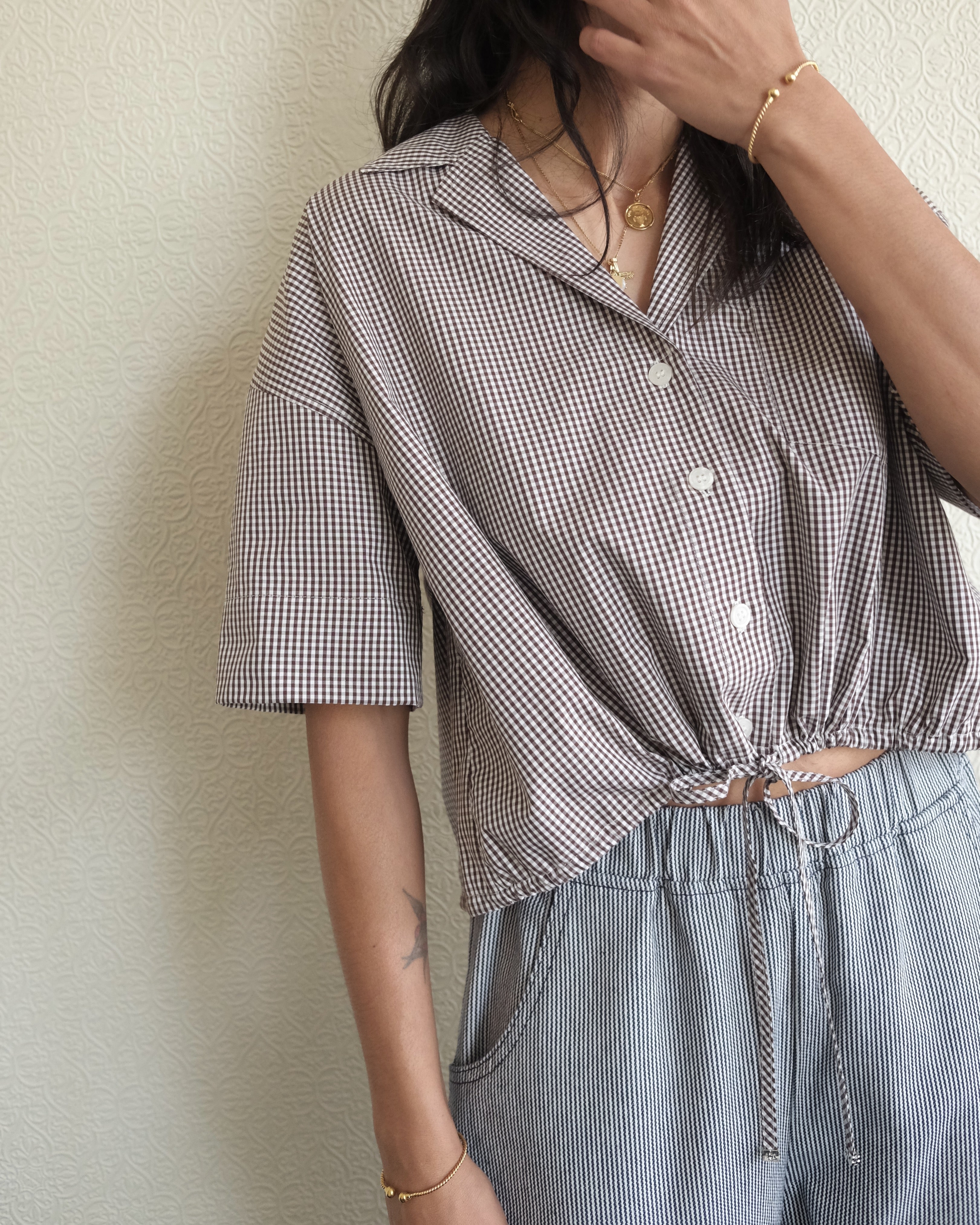 Cotton Crop Bowling Shirt, Brown Check