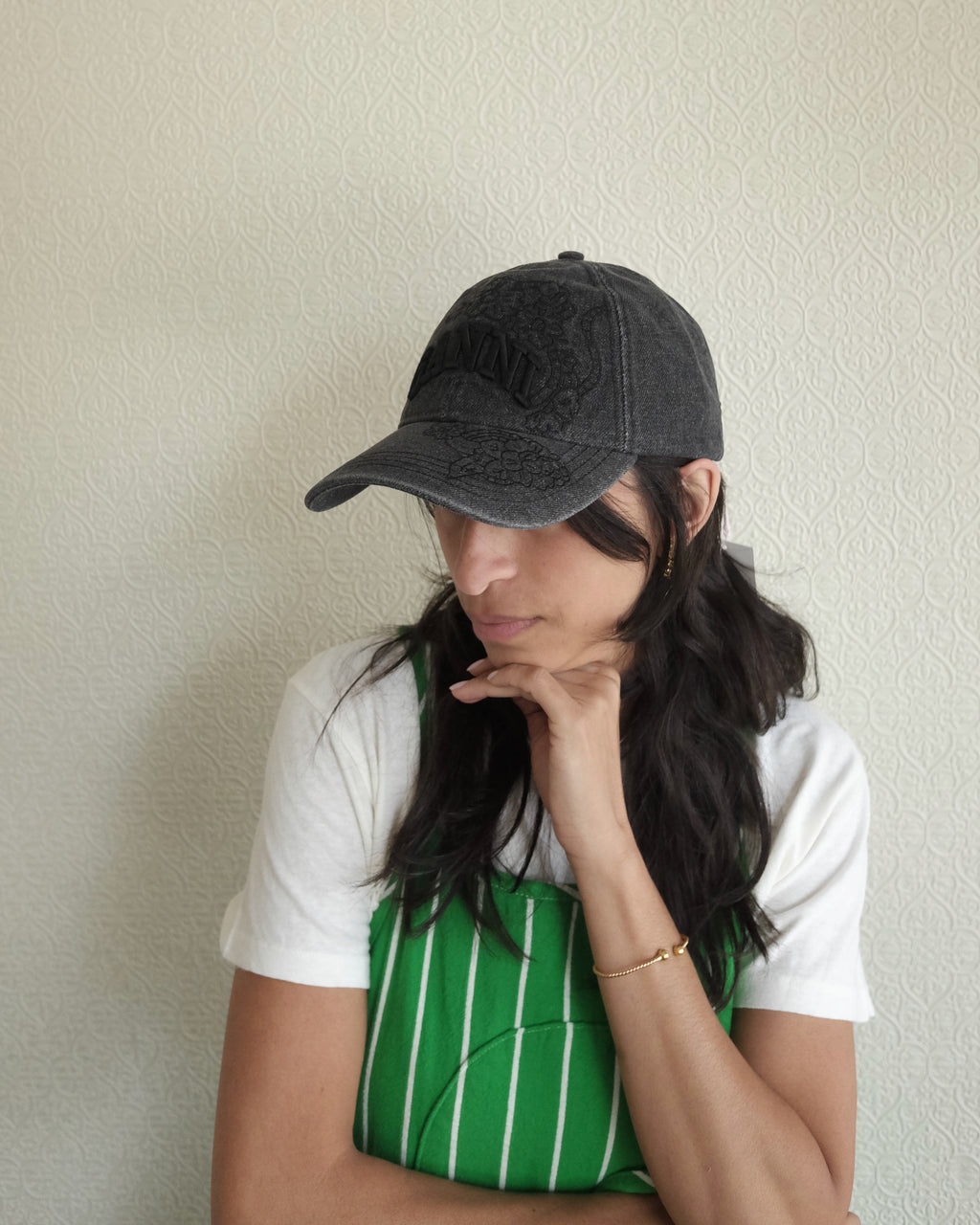 Ganni Cap, Embroidered Black