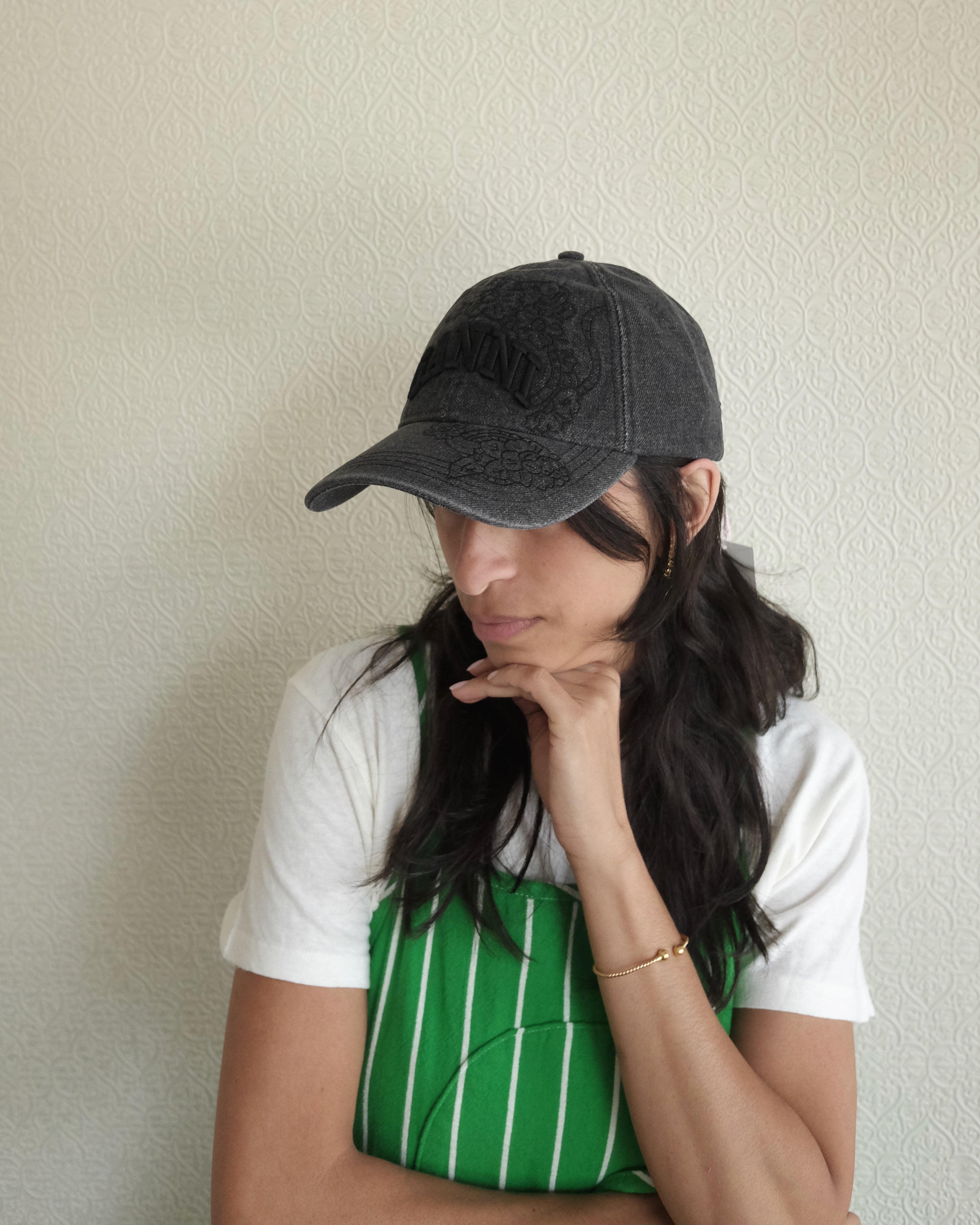 Ganni Cap, Embroidered Black