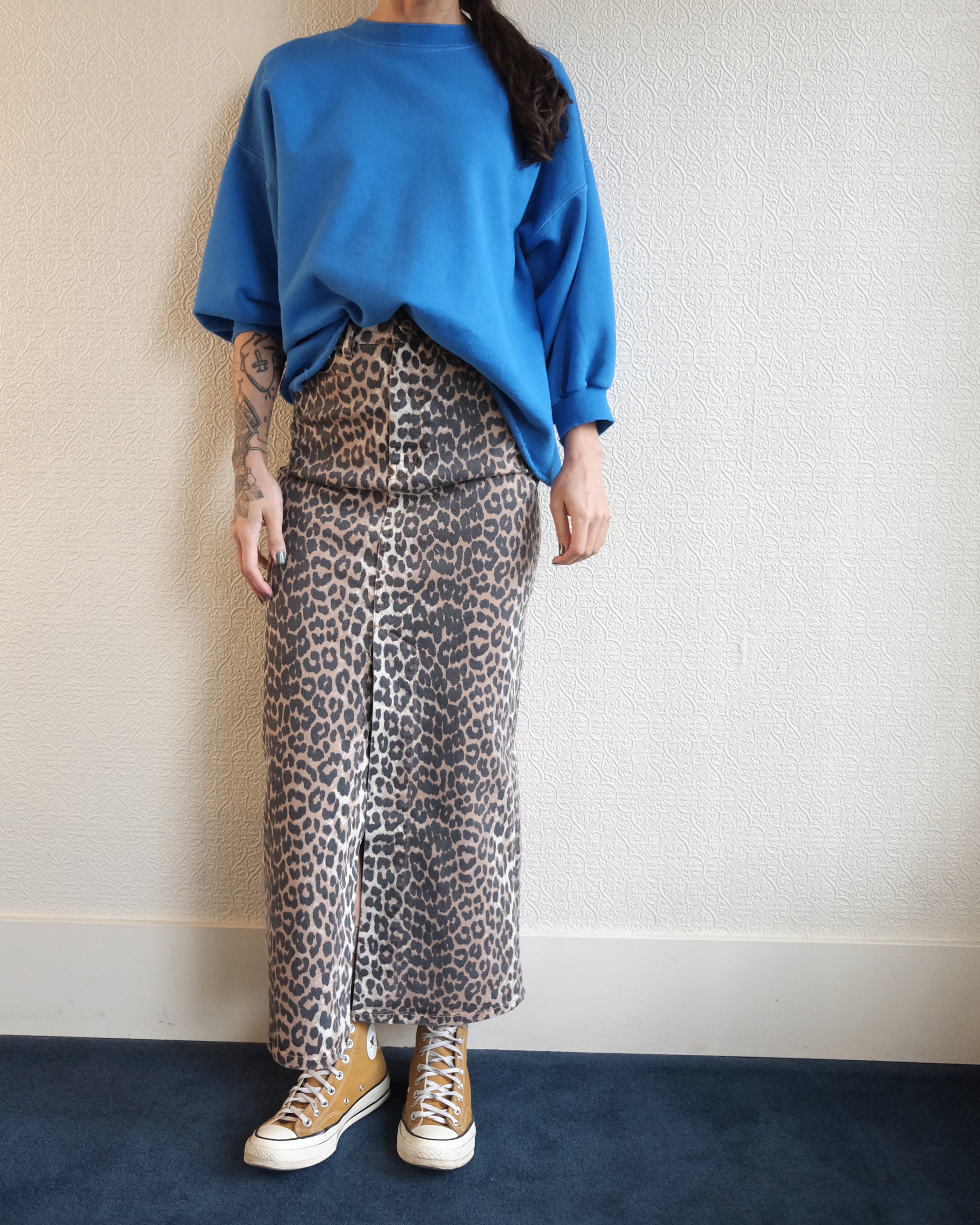 Leopard Denim Maxi Skirt