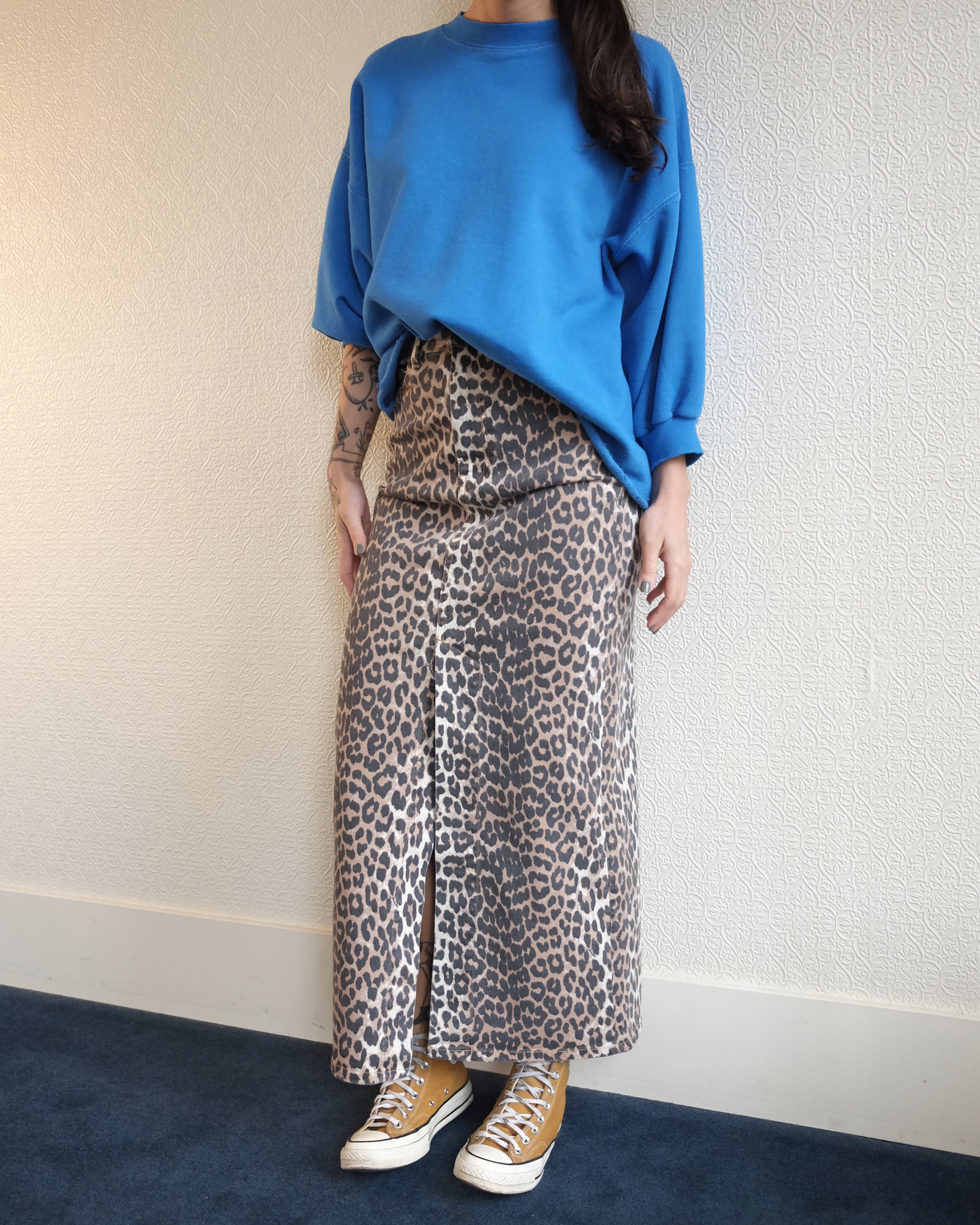 Leopard Denim Maxi Skirt