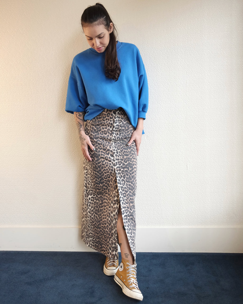 Leopard Denim Maxi Skirt