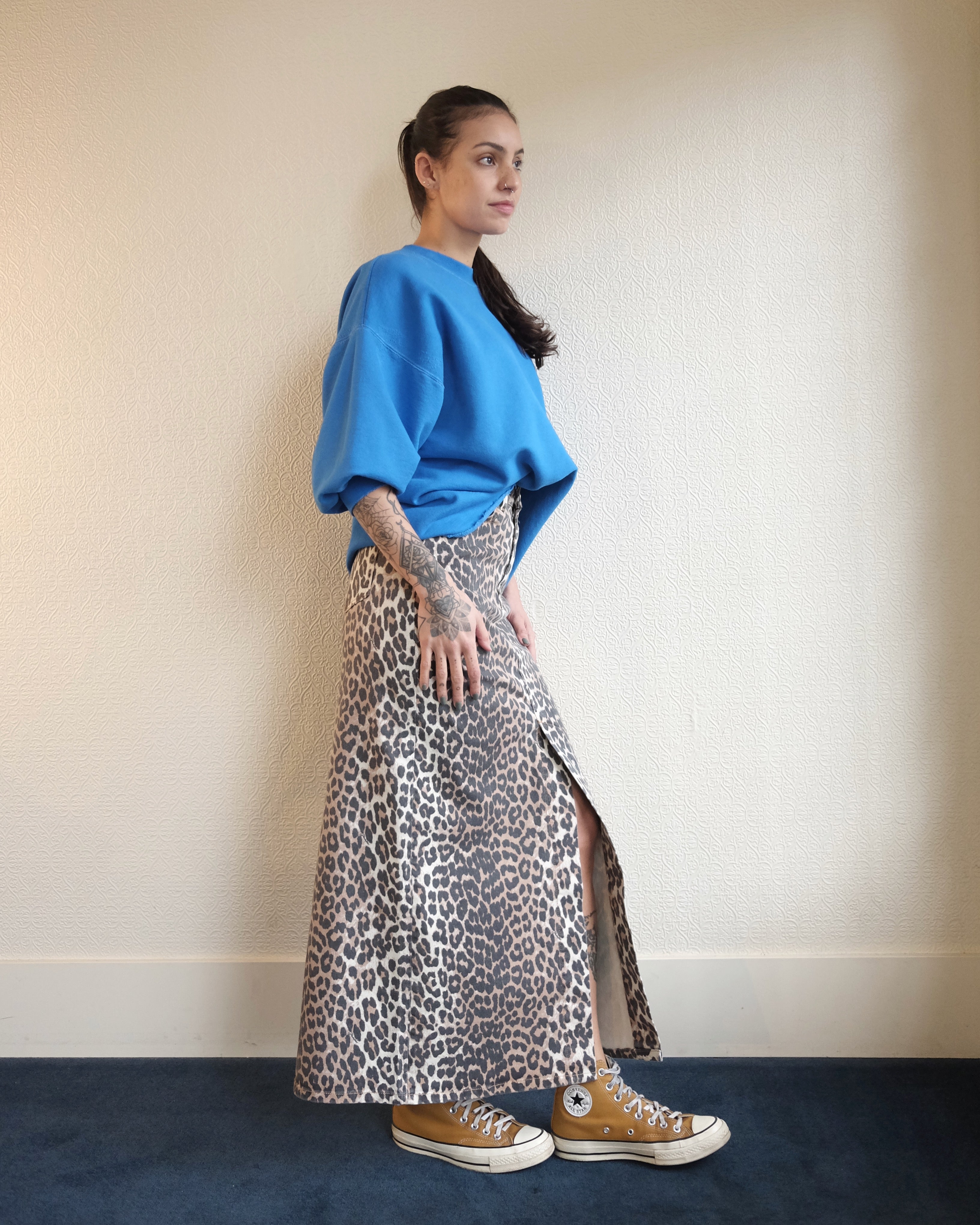Leopard Denim Maxi Skirt