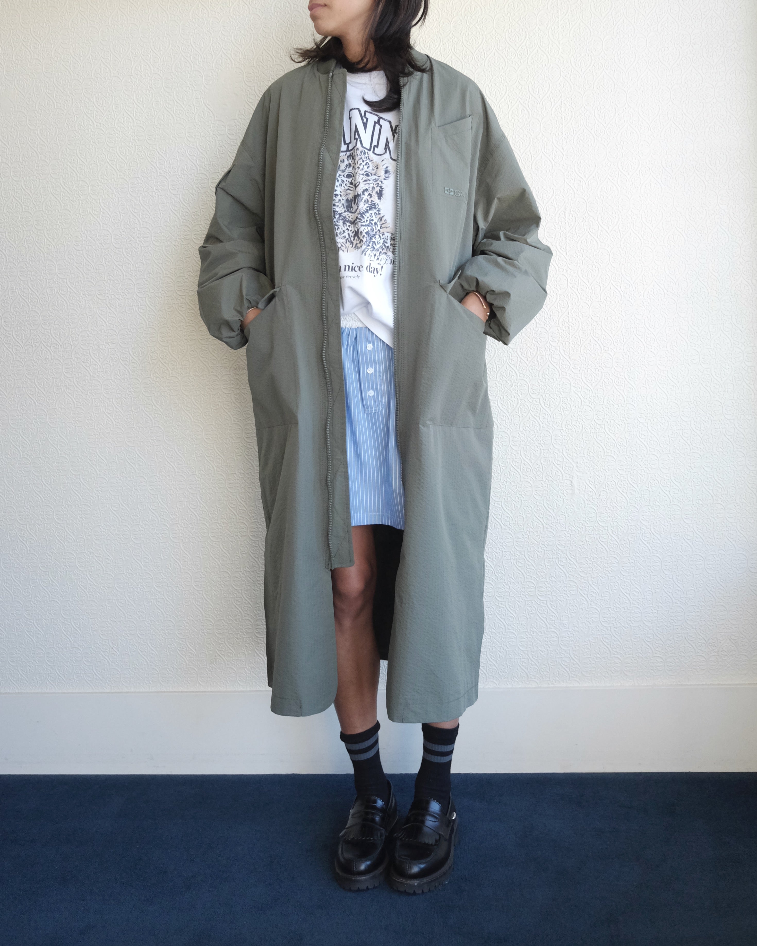 Tech Seersucker Oversize Shell Coat, Beetle Green