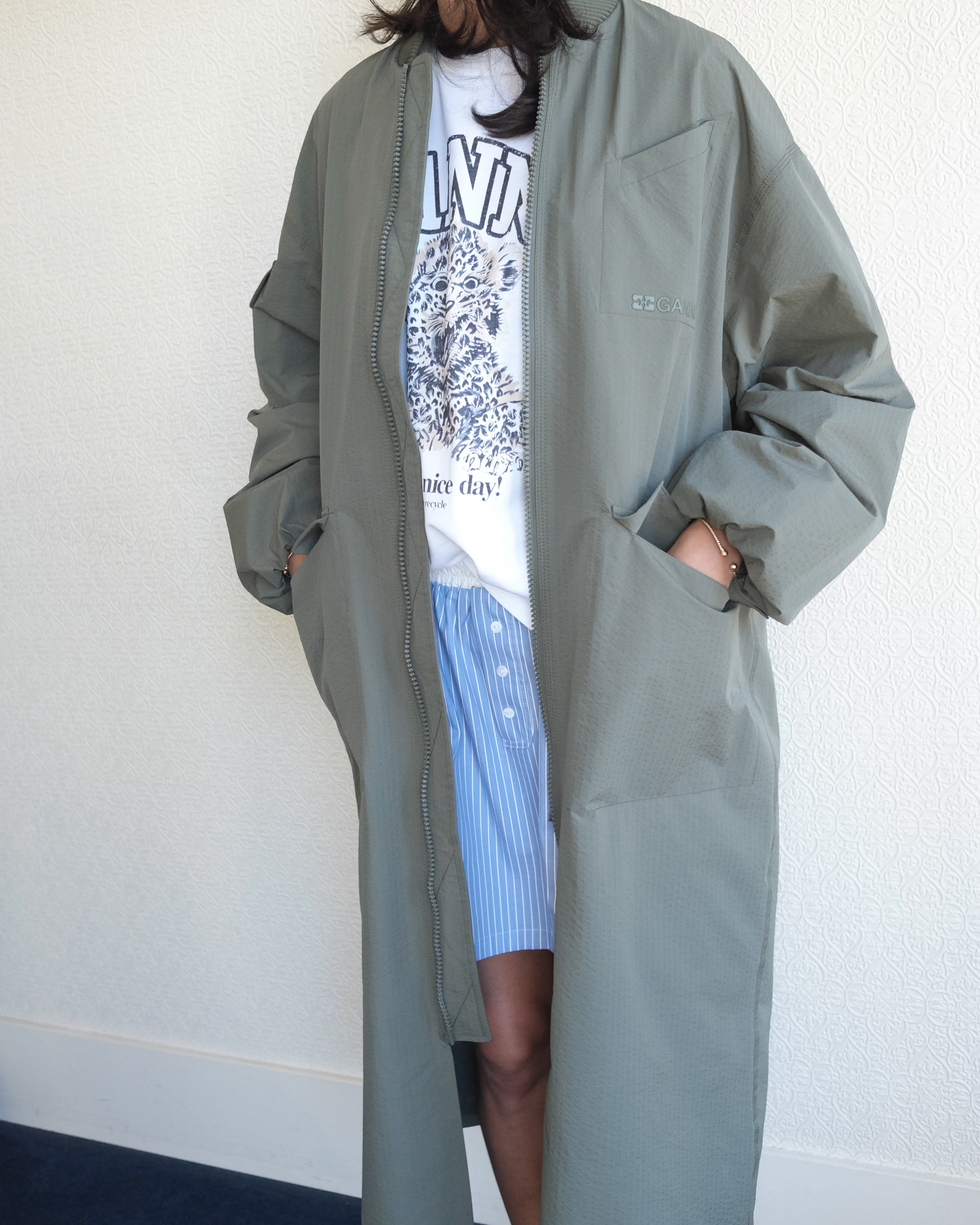Tech Seersucker Oversize Shell Coat, Beetle Green