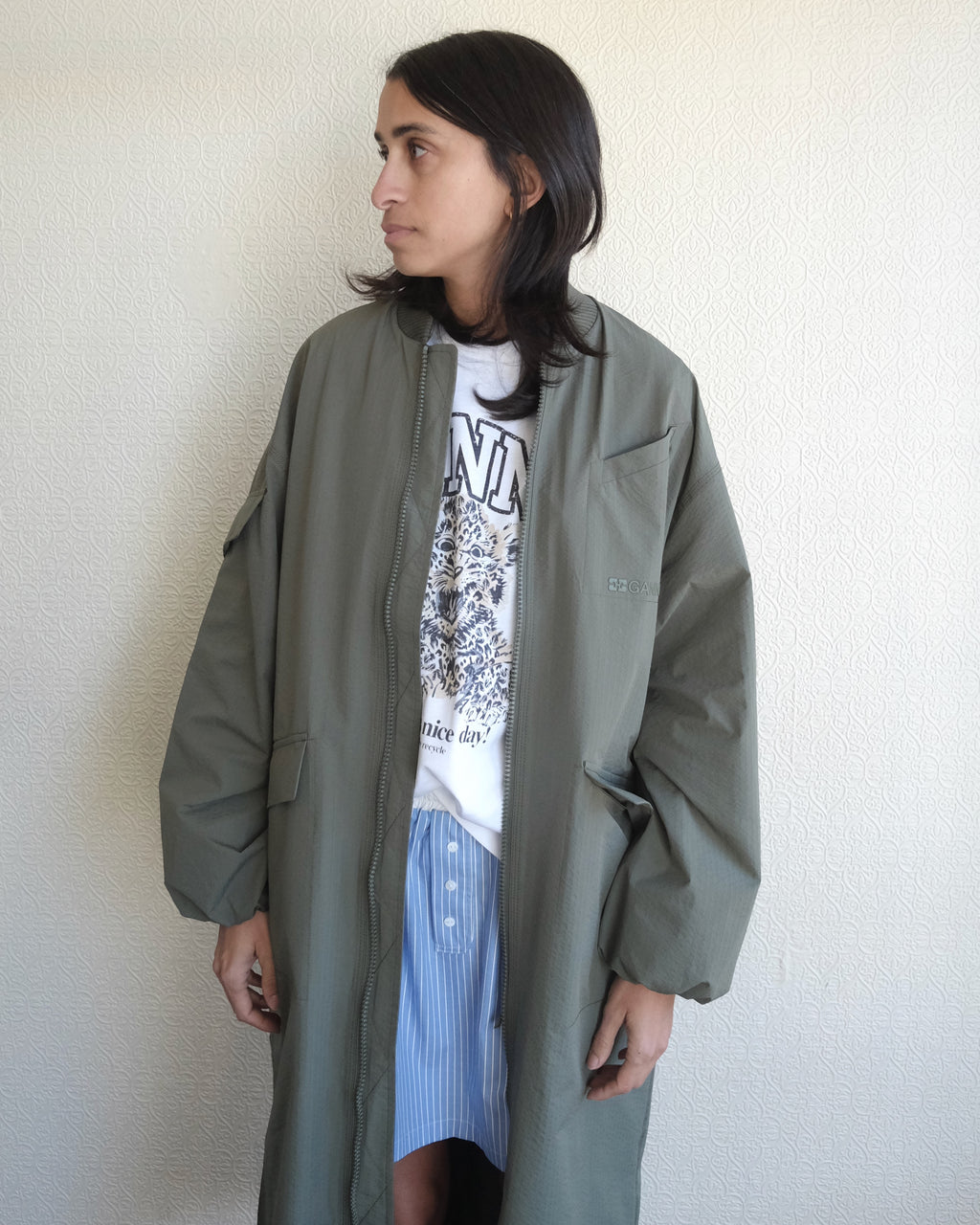 Tech Seersucker Oversize Shell Coat, Beetle Green
