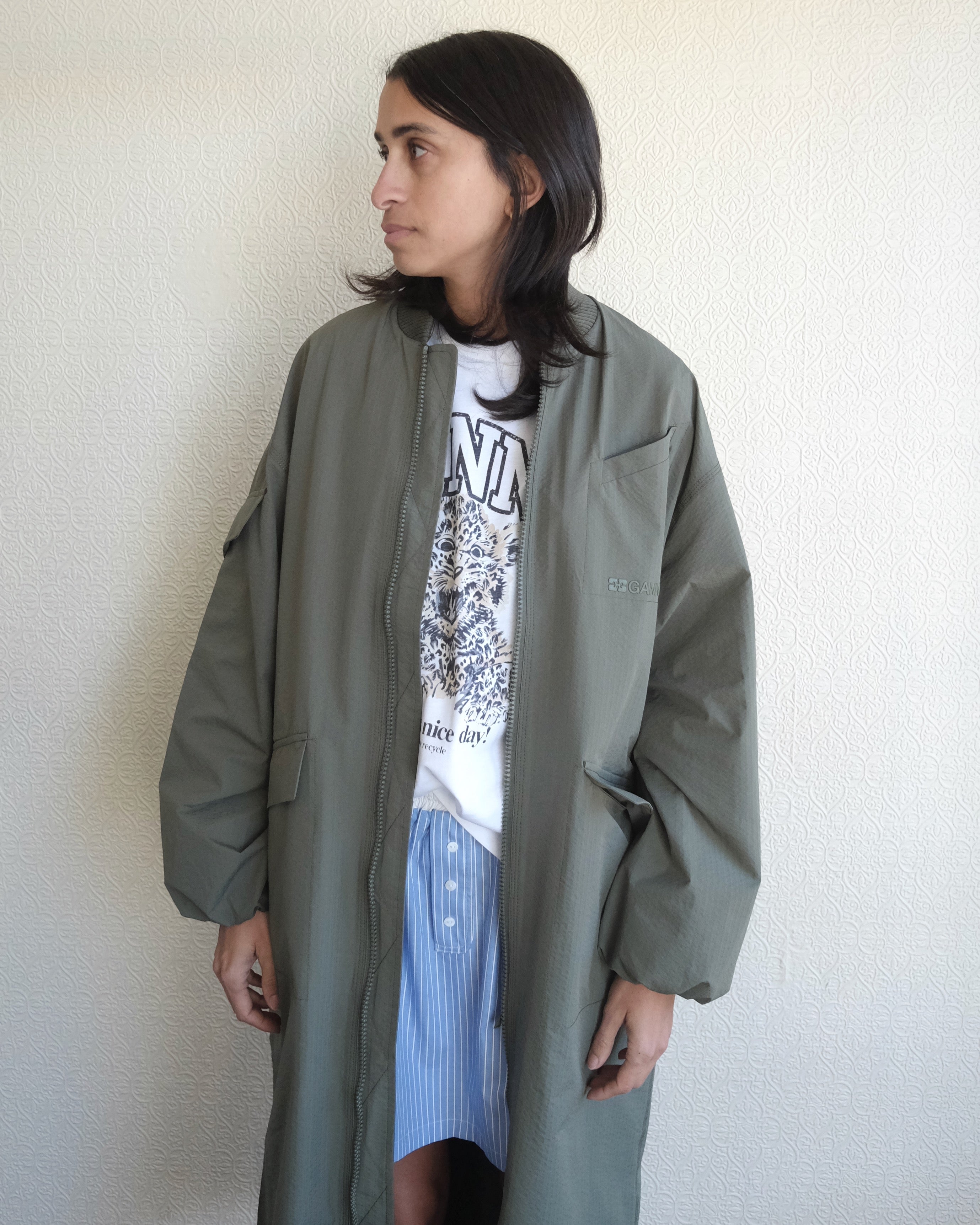 Tech Seersucker Oversize Shell Coat, Beetle Green