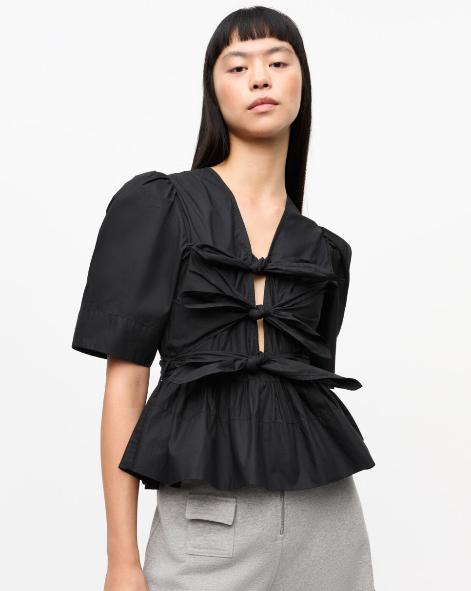 Cotton Tie Strap Blouse, Black