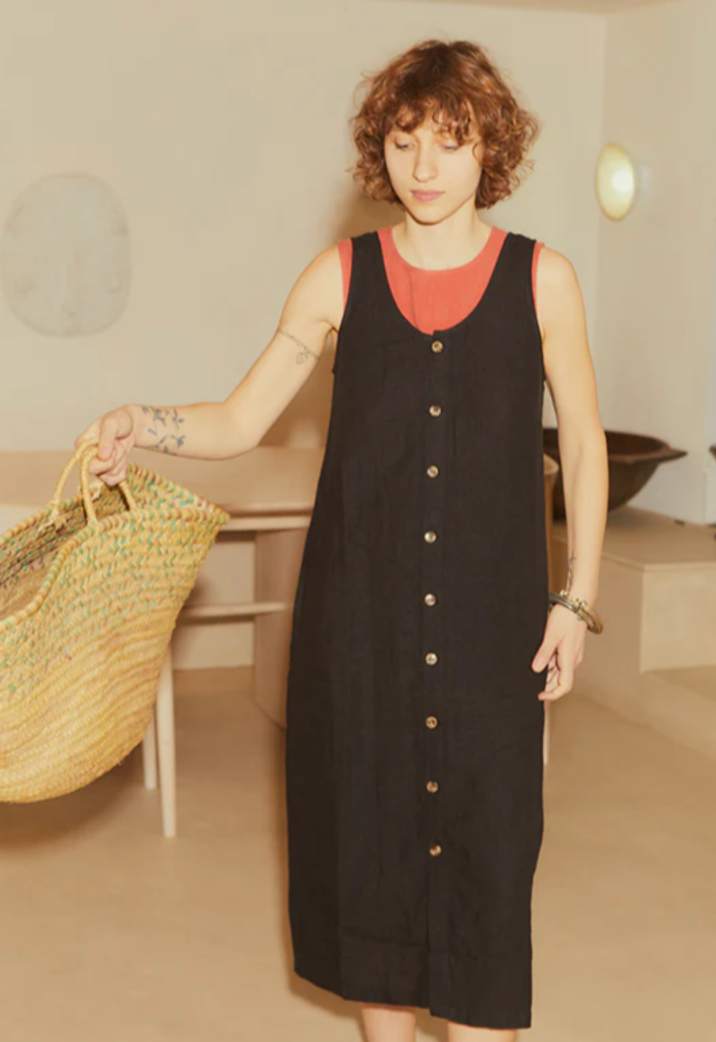 Button Front Linen Dress, Black