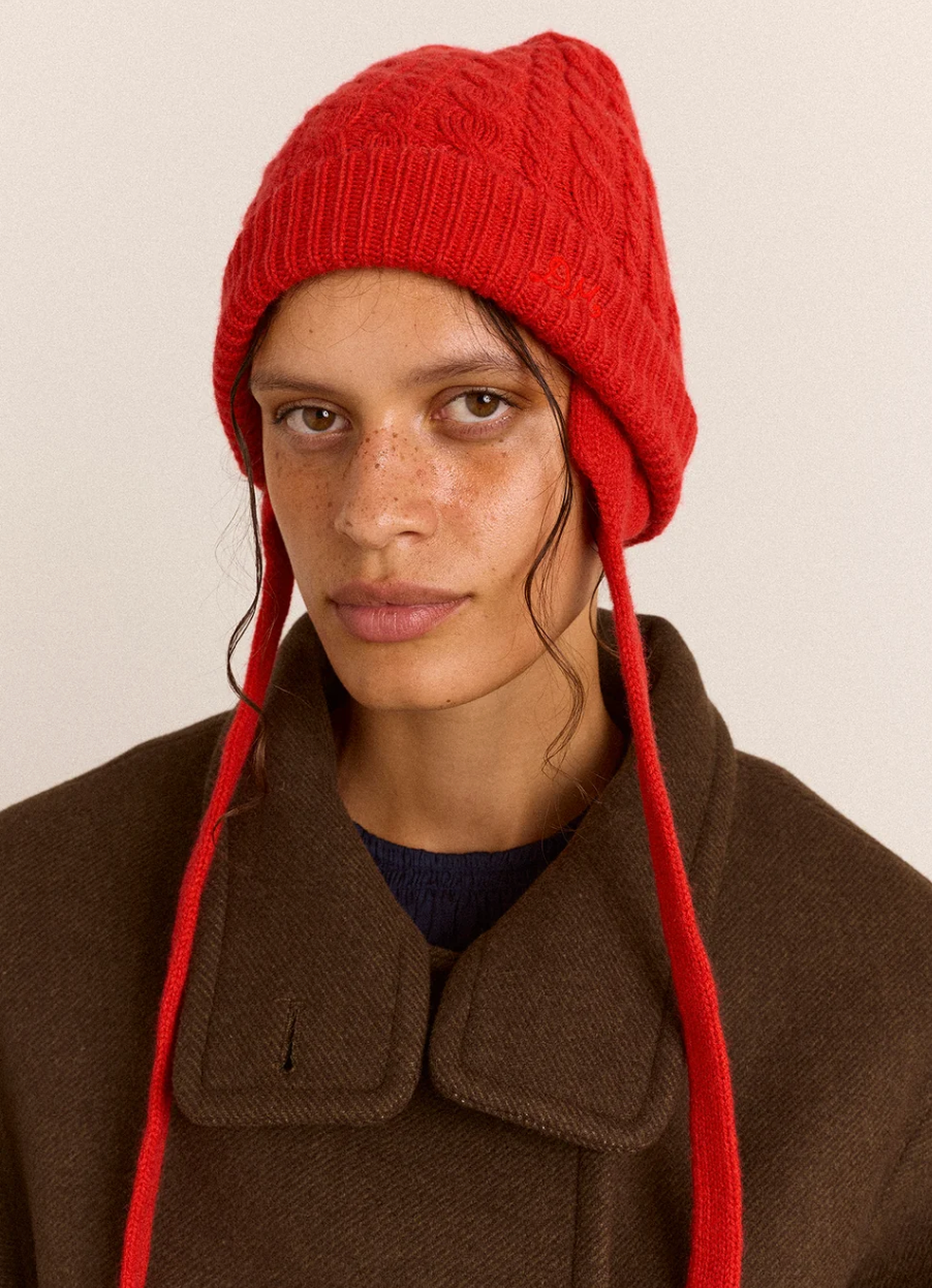 Cashmere Wool Tie Beanie, Red
