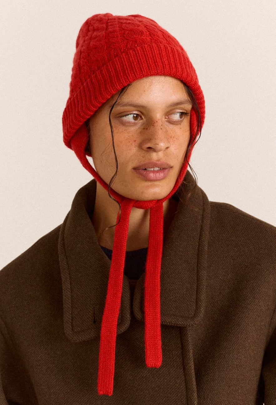Cashmere Wool Tie Beanie, Red